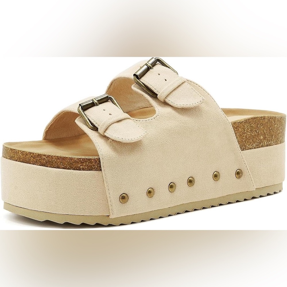 Women Metallic Platform Sandals Cork Footbed Heeled Slides Buckles clogs beige - Picture 3 of 7